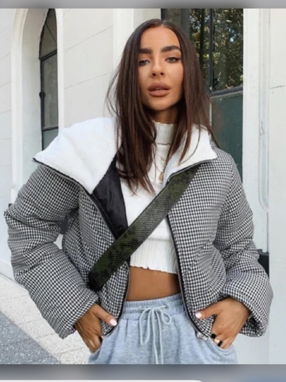 Princess Polly Black & White Houndstooth Cropped Puffer with Sherpa Collar